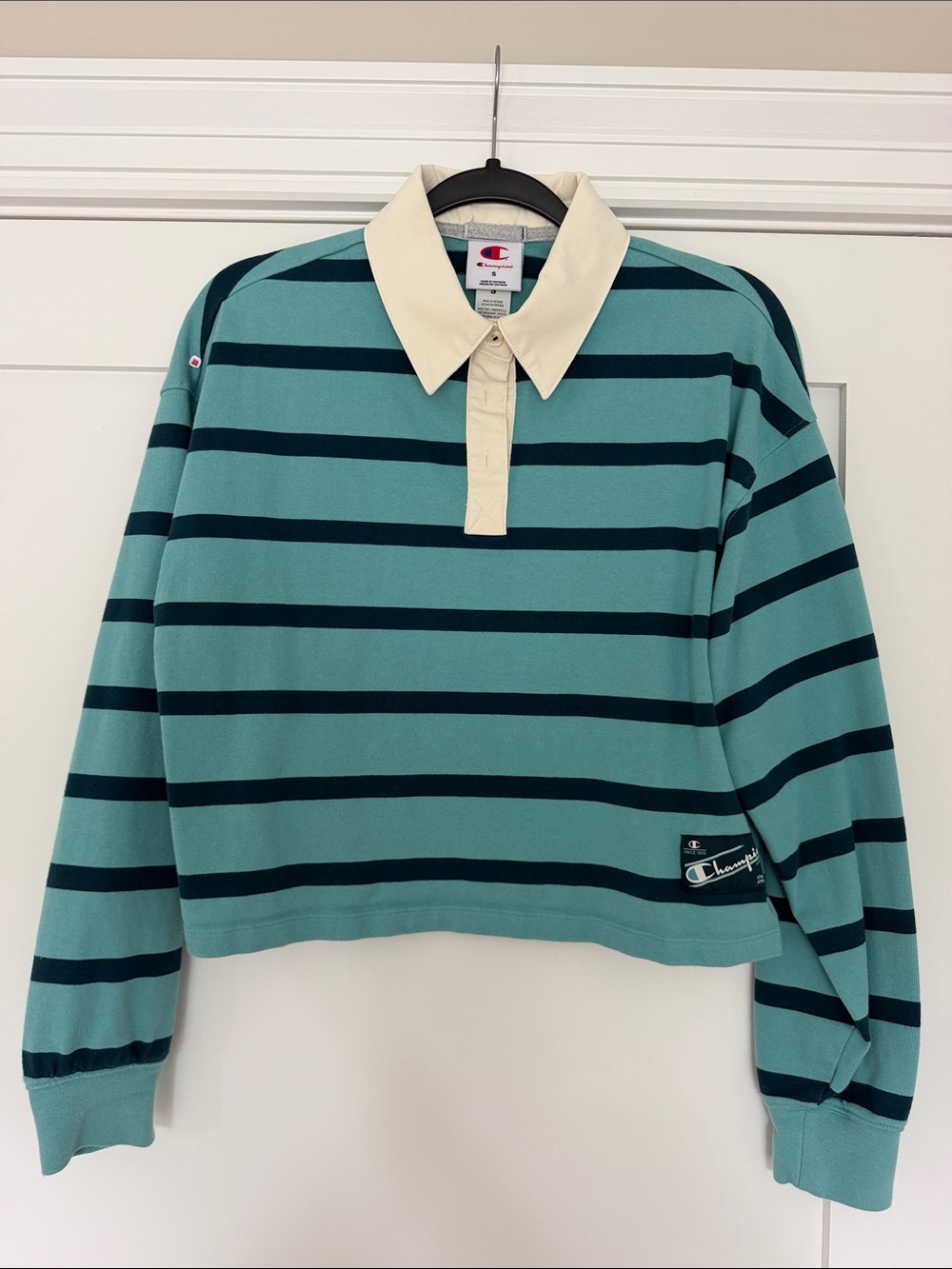 Champion Teal & Navy Striped Rugby Pullover with Cream Collar